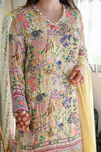 Devna Luxe Yellow Printed Embroidered Suit Set