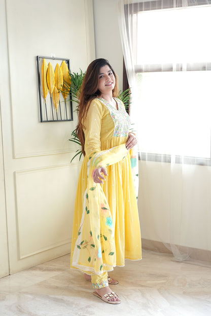 Niza Yellow Embroidered Anarkali Suit Set