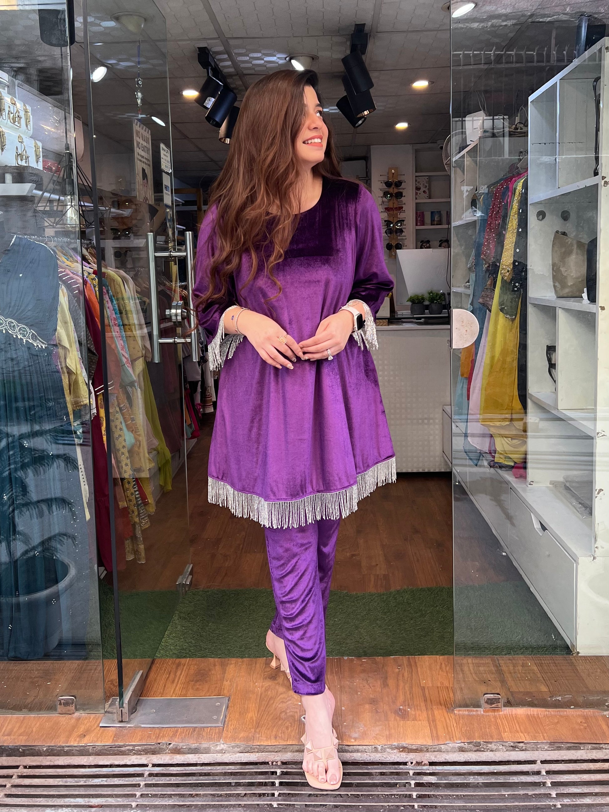 Nimrit Purple Velvet Plazo Set