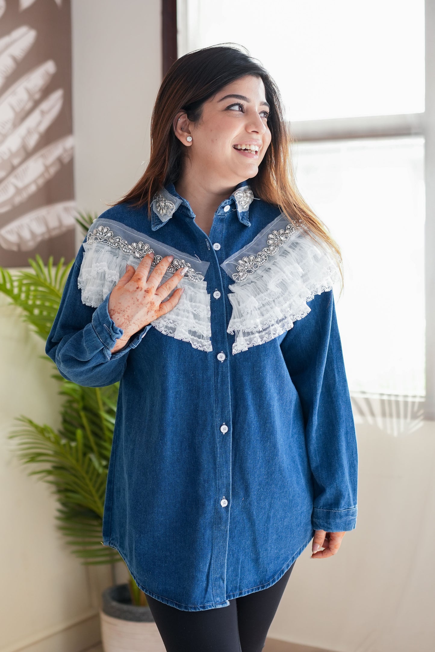 Luxe Denim Crystal Embellished Shirt