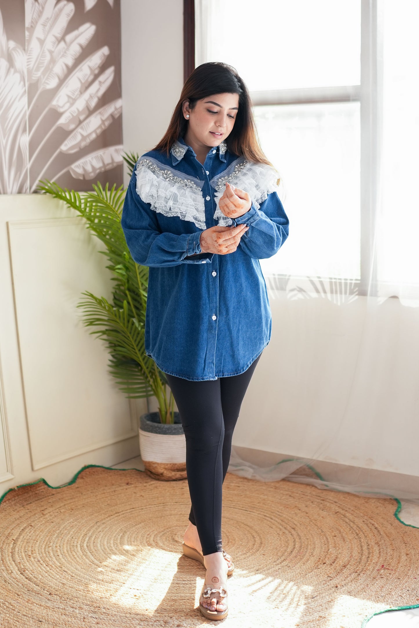 Luxe Denim Crystal Embellished Shirt