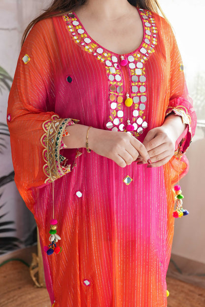 Maurya Orange Mirror Work Kaftan Set