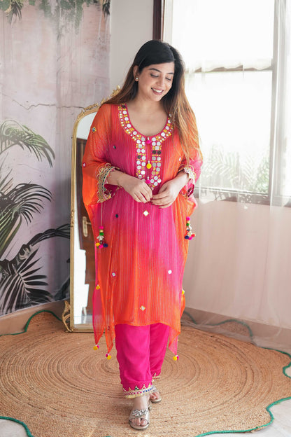 Maurya Orange Mirror Work Kaftan Set