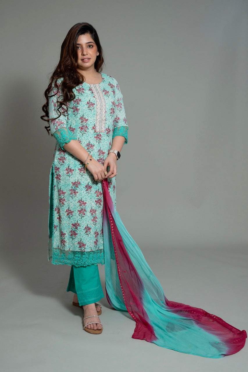 Nusrat Blue Printed Schiffli Suit Set