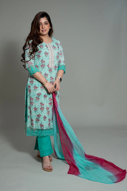 Nusrat Blue Printed Schiffli Suit Set