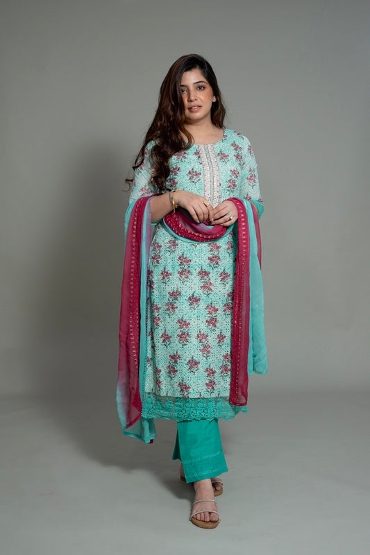 Nusrat Blue Printed Schiffli Suit Set