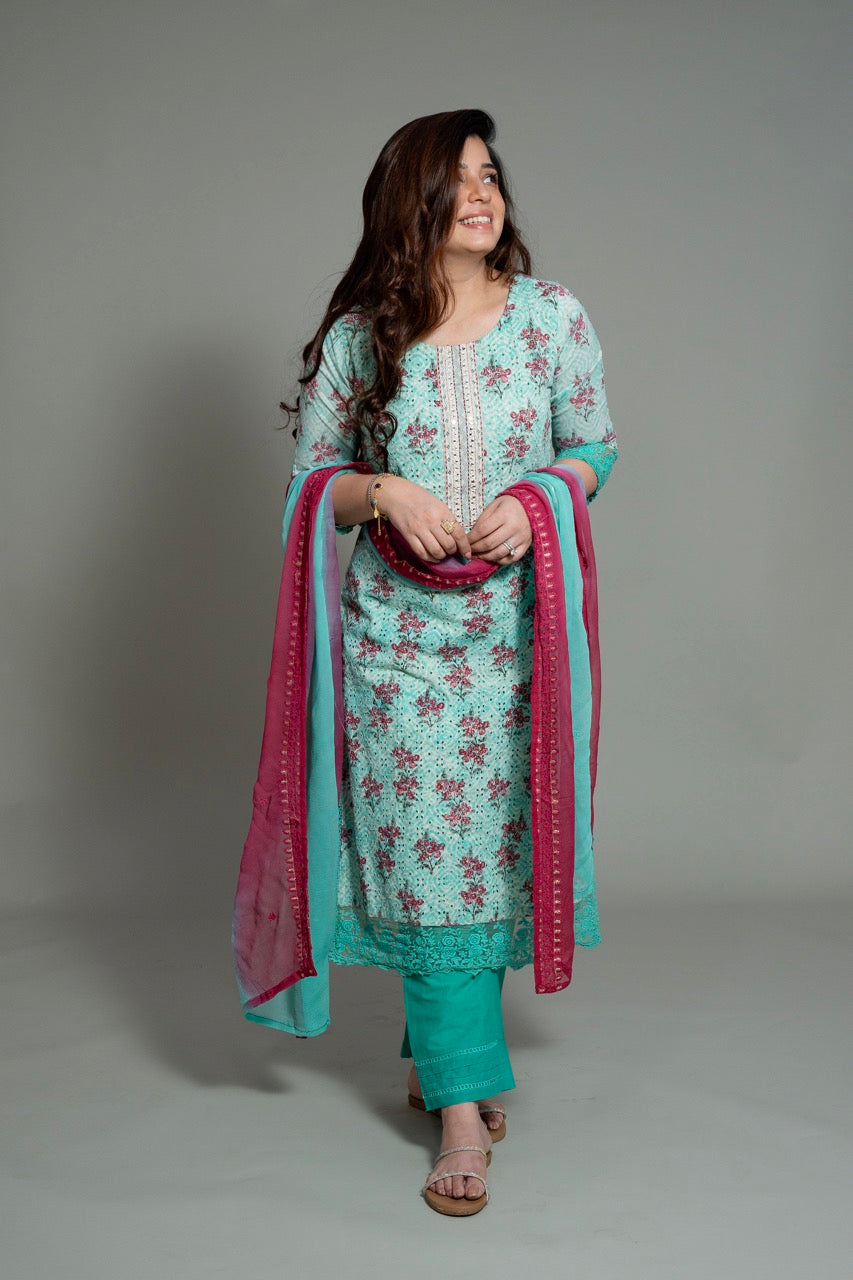 Nusrat Blue Printed Schiffli Suit Set