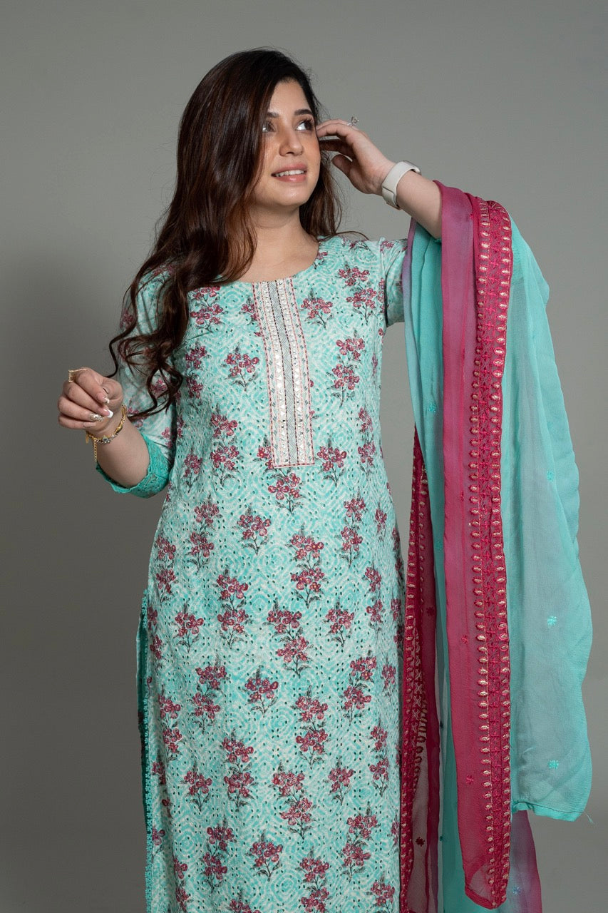 Nusrat Blue Printed Schiffli Suit Set