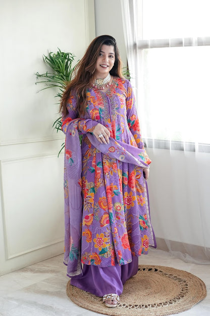 Zeera Purple Printed Anarkali Suit Set