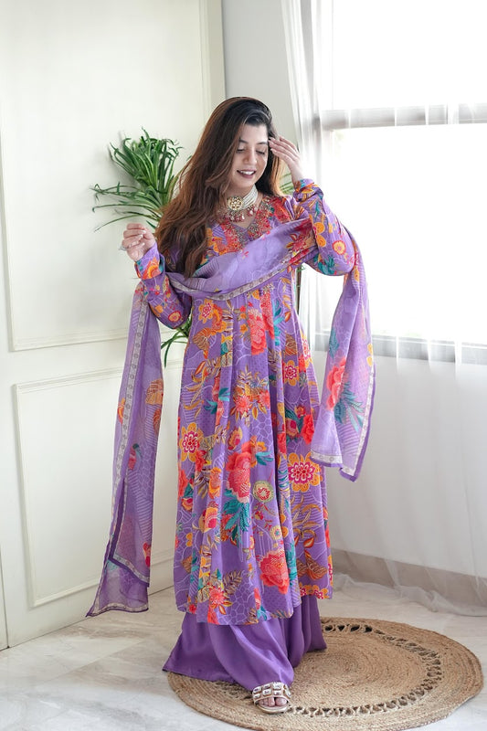 Zeera Purple Printed Anarkali Suit Set