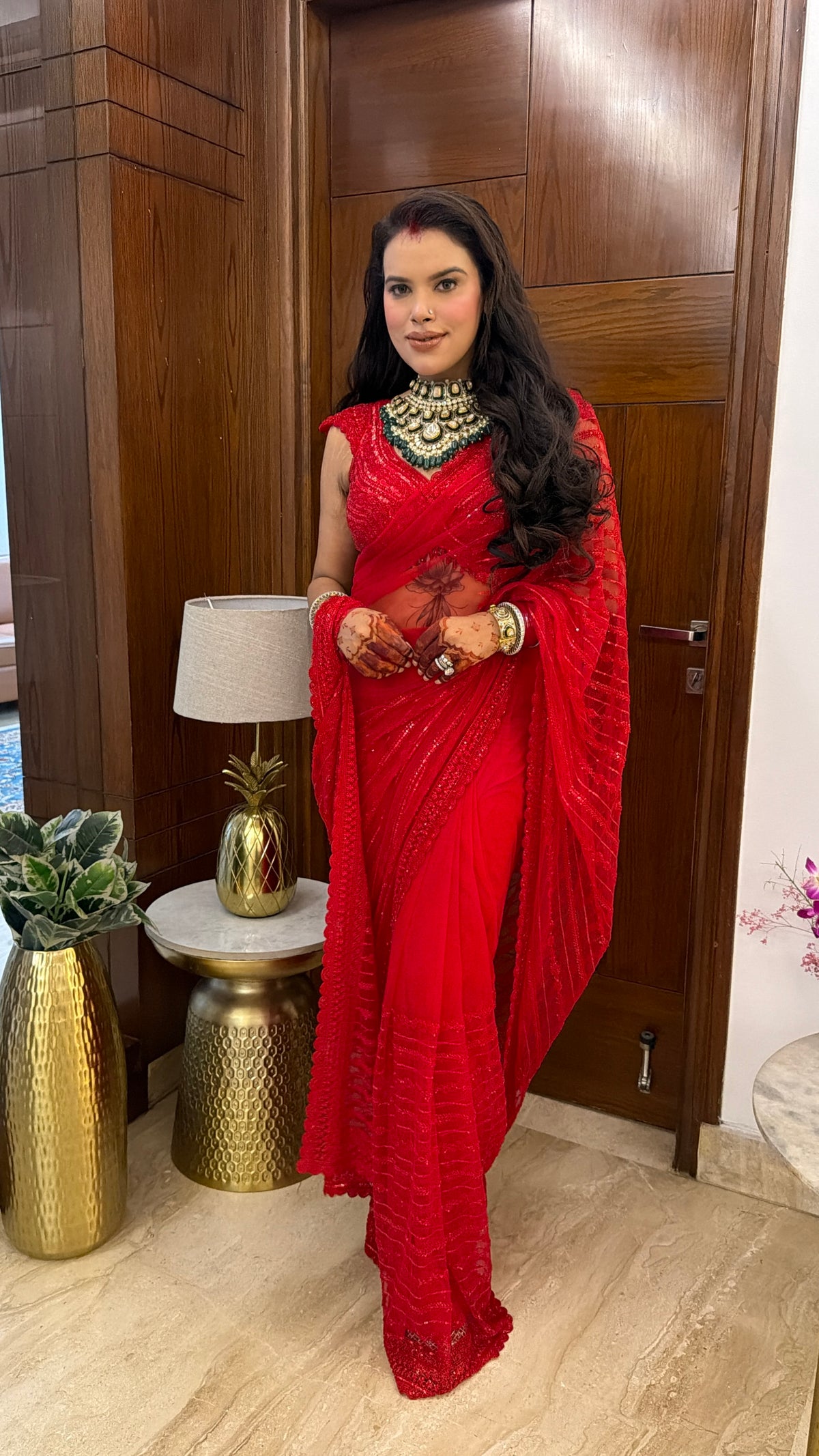 Karwa Red Embroidered Saree