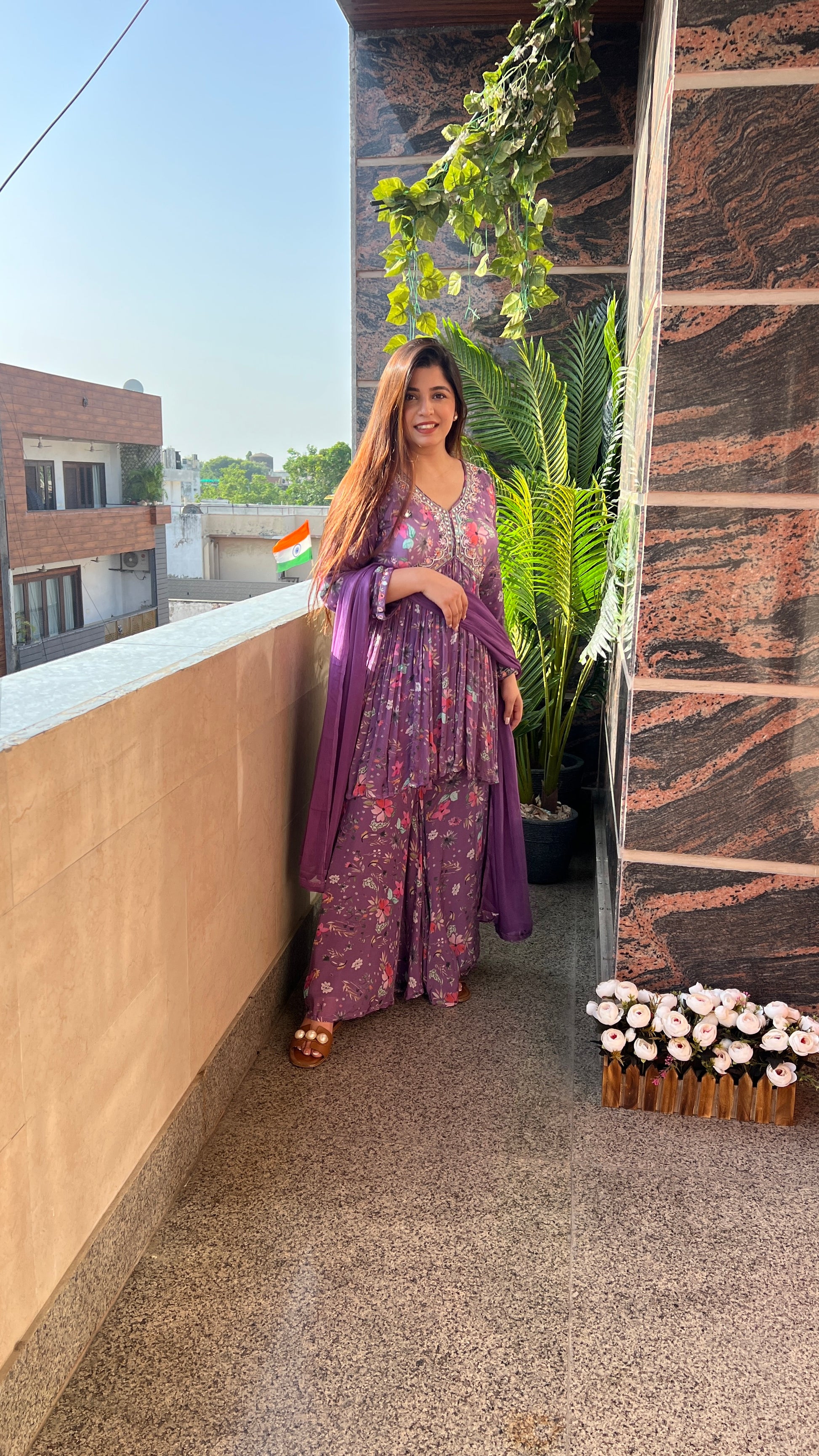 Purple Floral Print Sharara Set