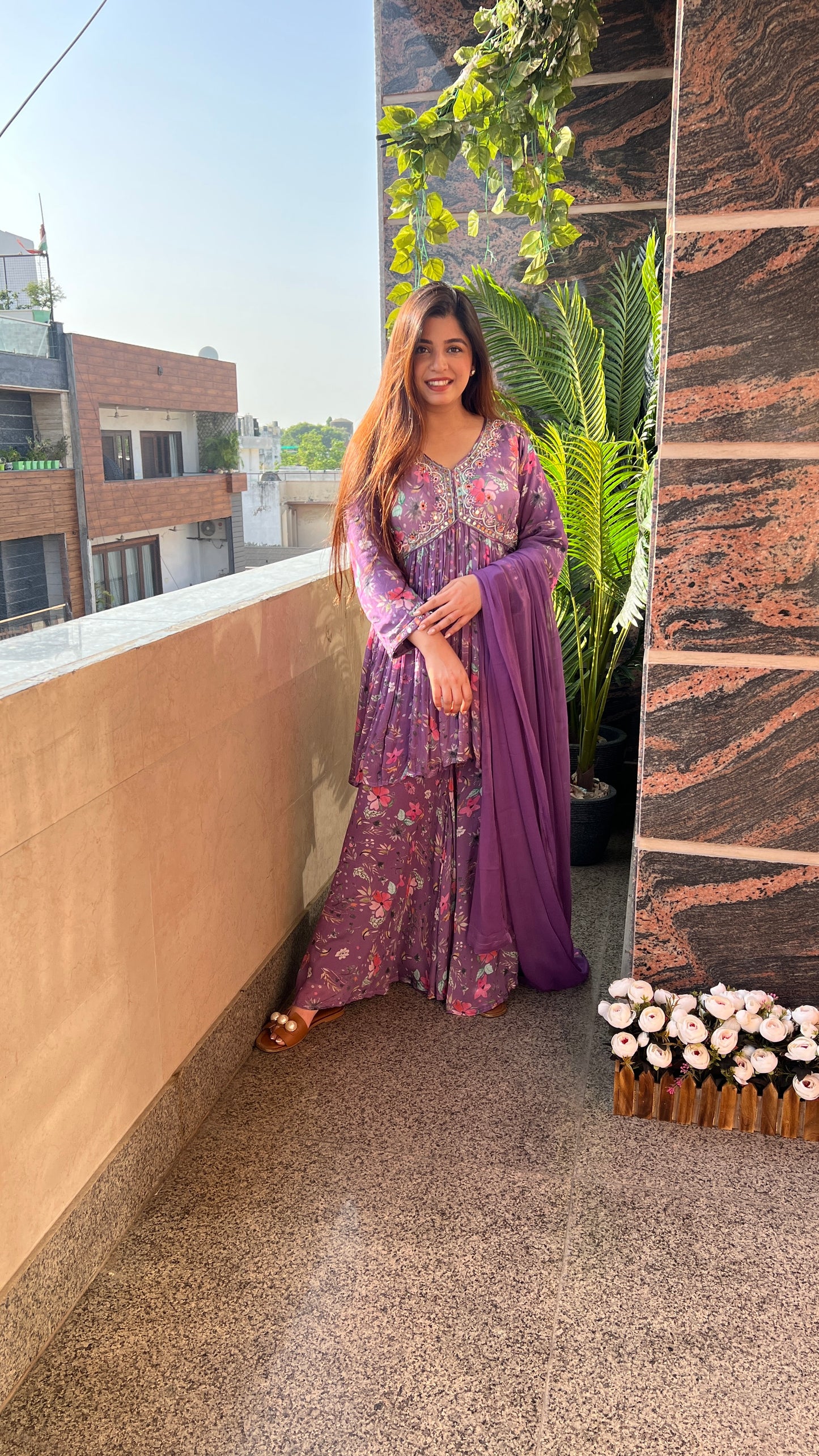 Purple Floral Print Sharara Set