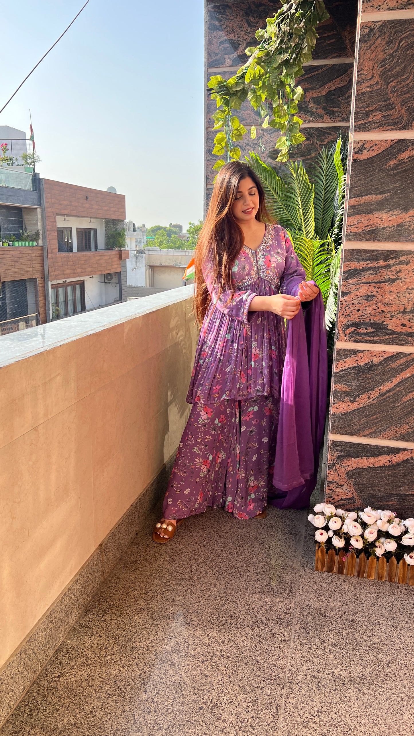 Purple Floral Print Sharara Set