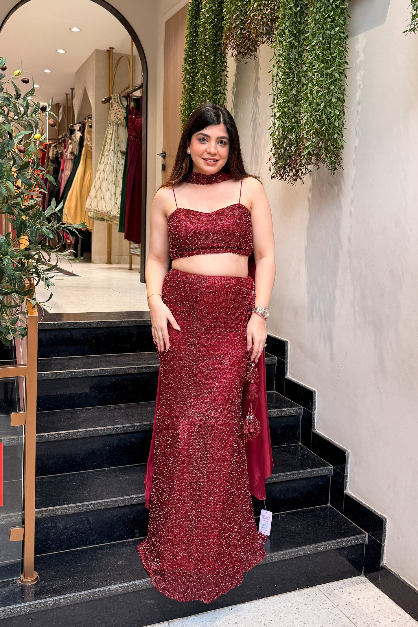 Frizah Maroon Fish Cut Lehenga