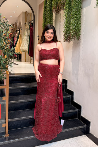 Frizah Maroon Fish Cut Lehenga