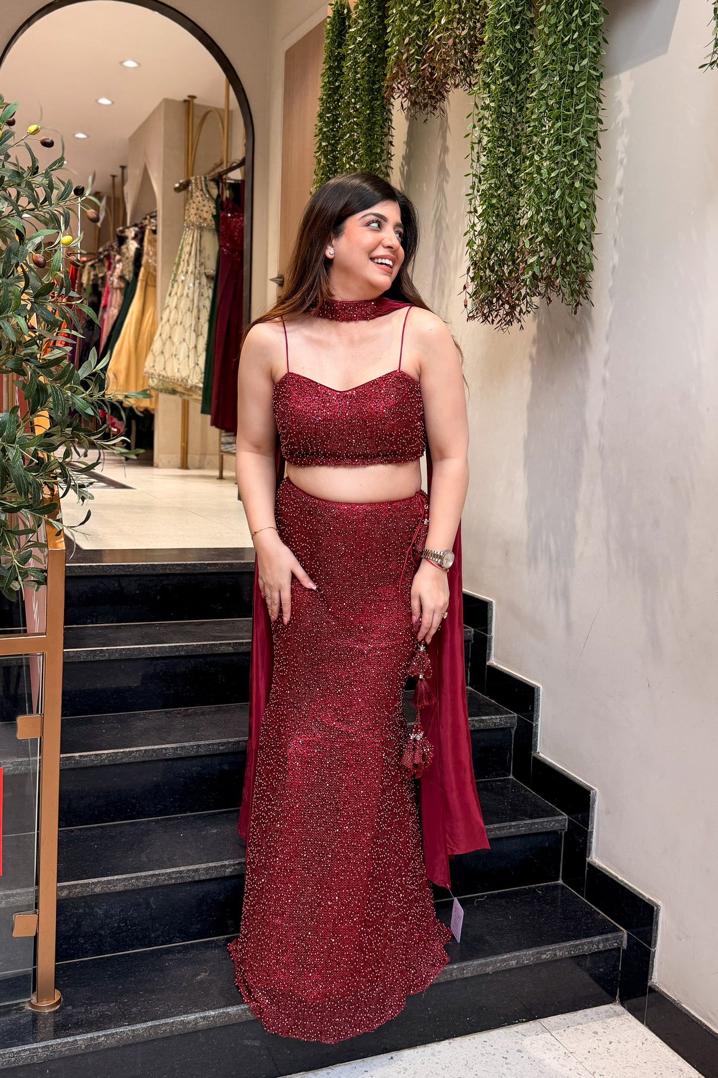 Frizah Maroon Fish Cut Lehenga