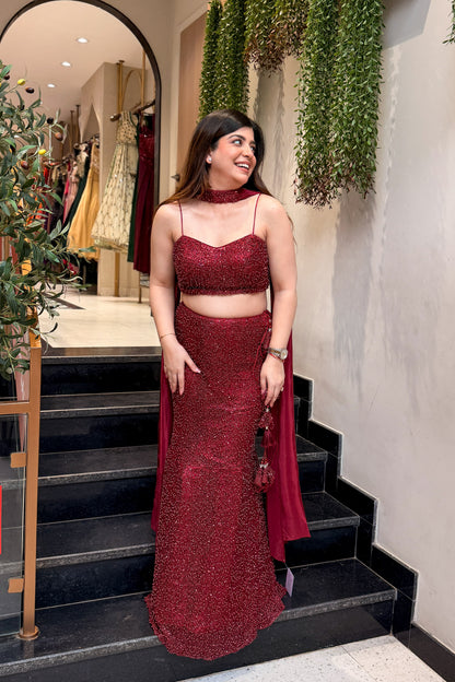 Frizah Maroon Fish Cut Lehenga