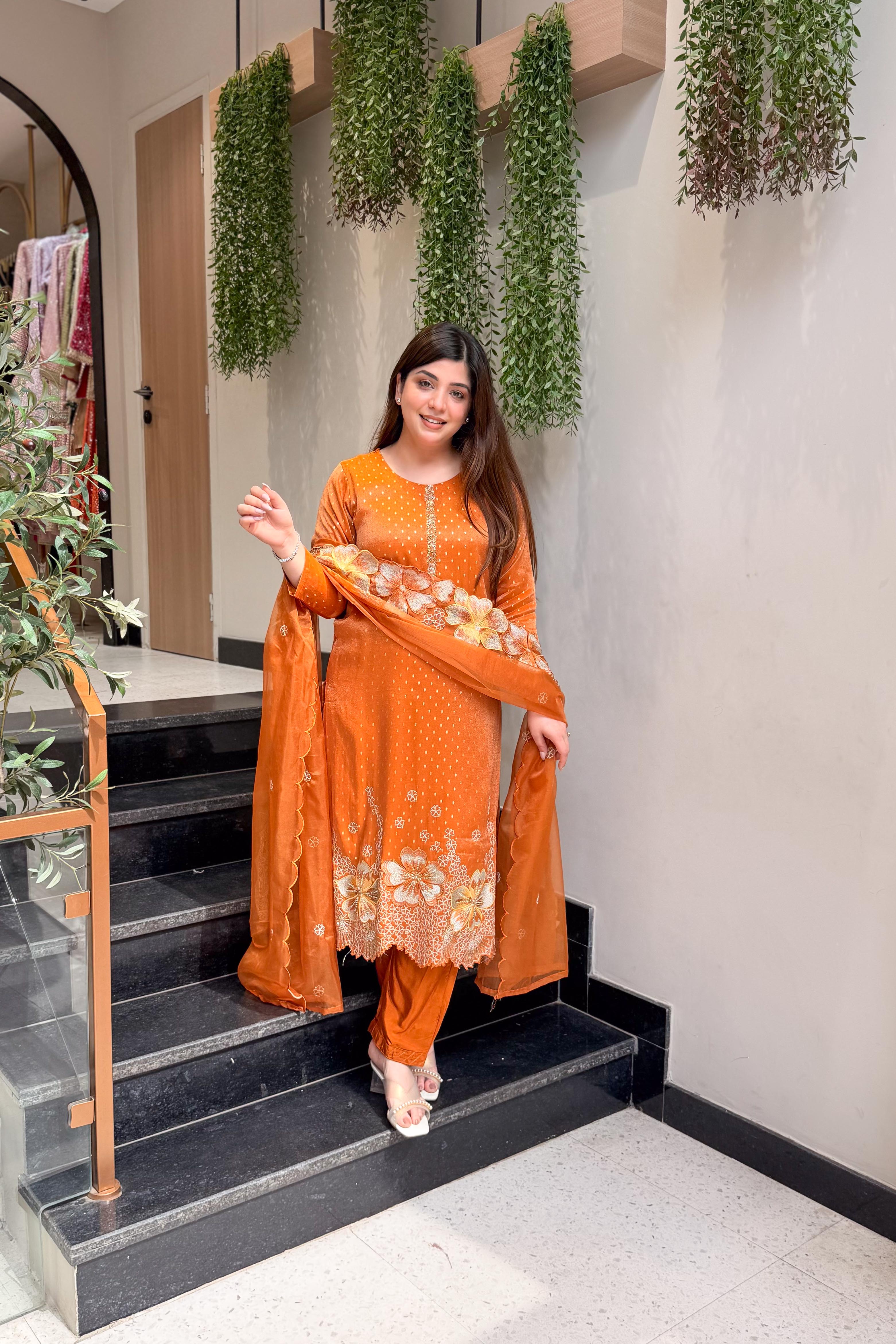 Sweena Rust Embroidred Suit Set