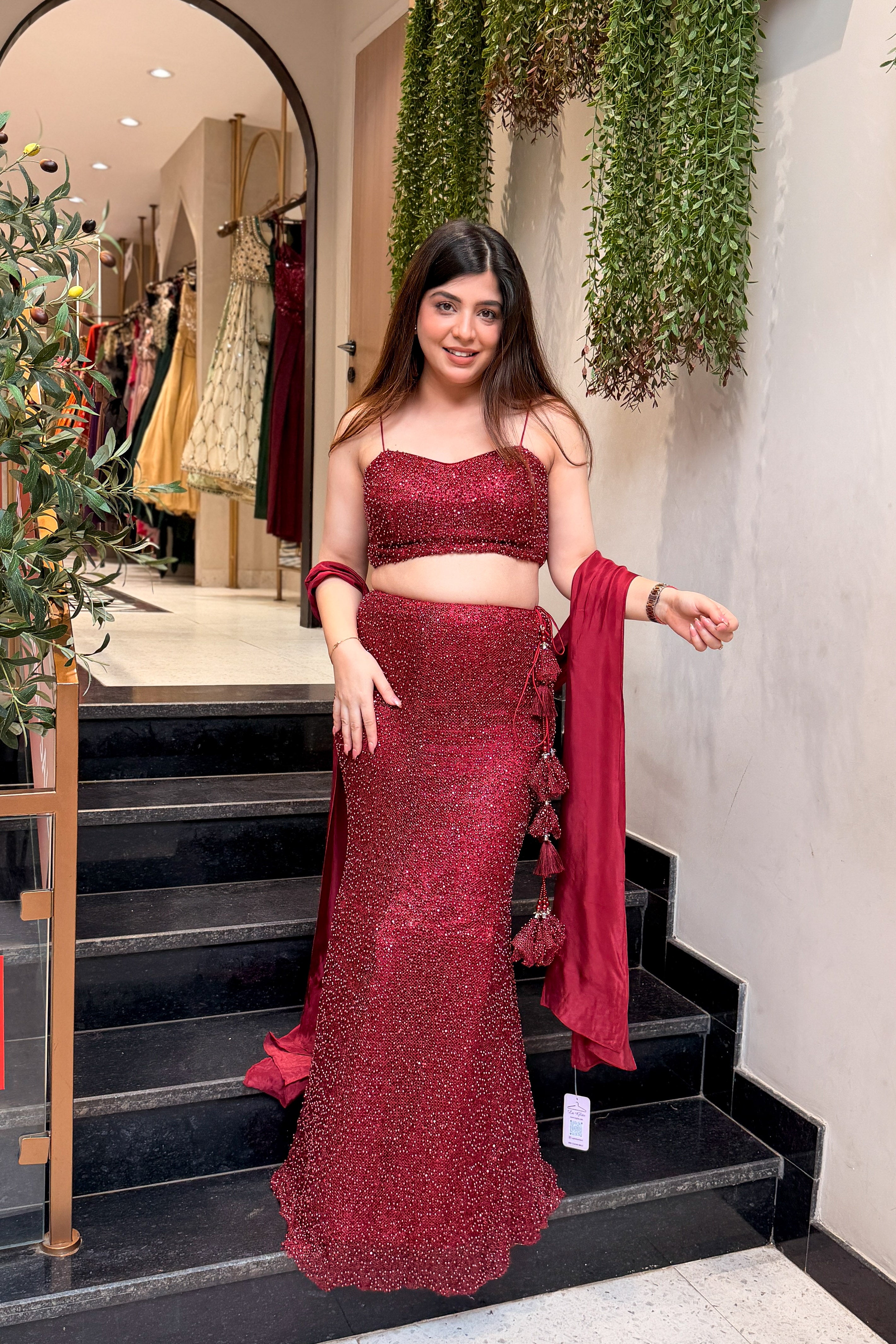 Frizah Maroon Fish Cut Lehenga