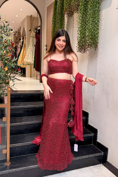 Frizah Maroon Fish Cut Lehenga