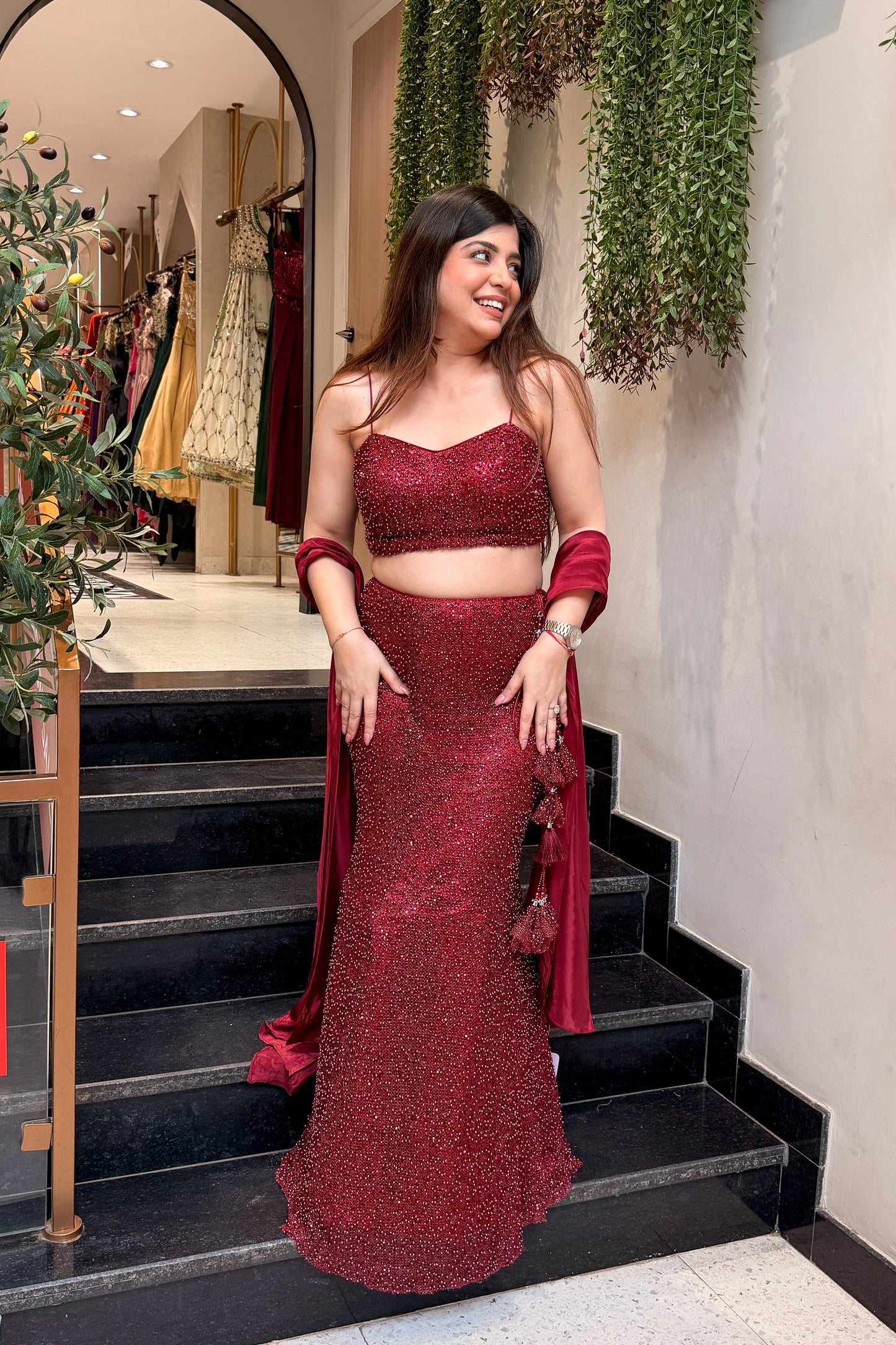 Frizah Maroon Fish Cut Lehenga