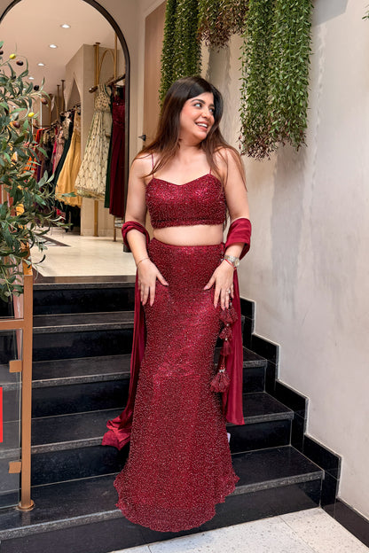 Frizah Maroon Fish Cut Lehenga