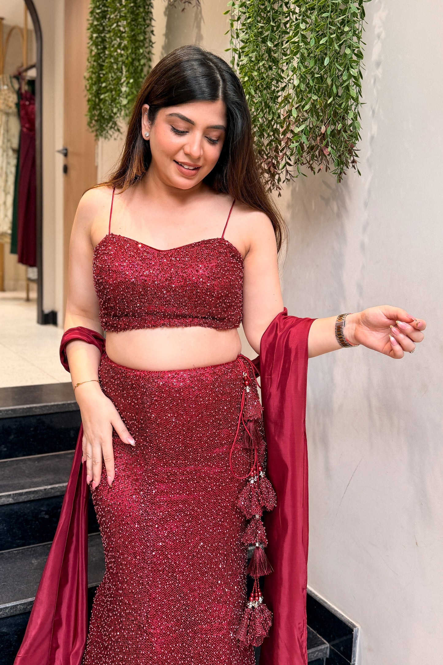 Frizah Maroon Fish Cut Lehenga