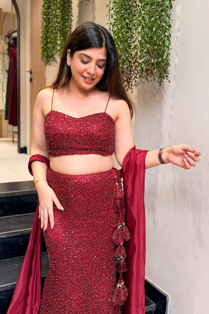 Frizah Maroon Fish Cut Lehenga
