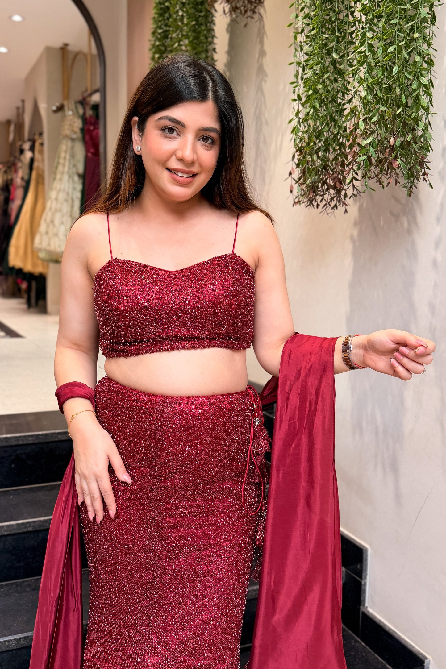 Frizah Maroon Fish Cut Lehenga