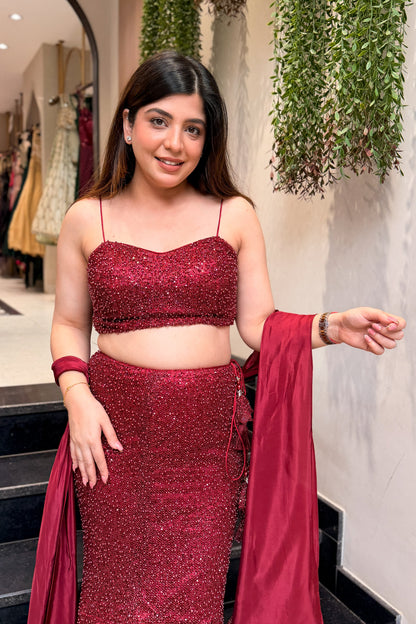 Frizah Maroon Fish Cut Lehenga