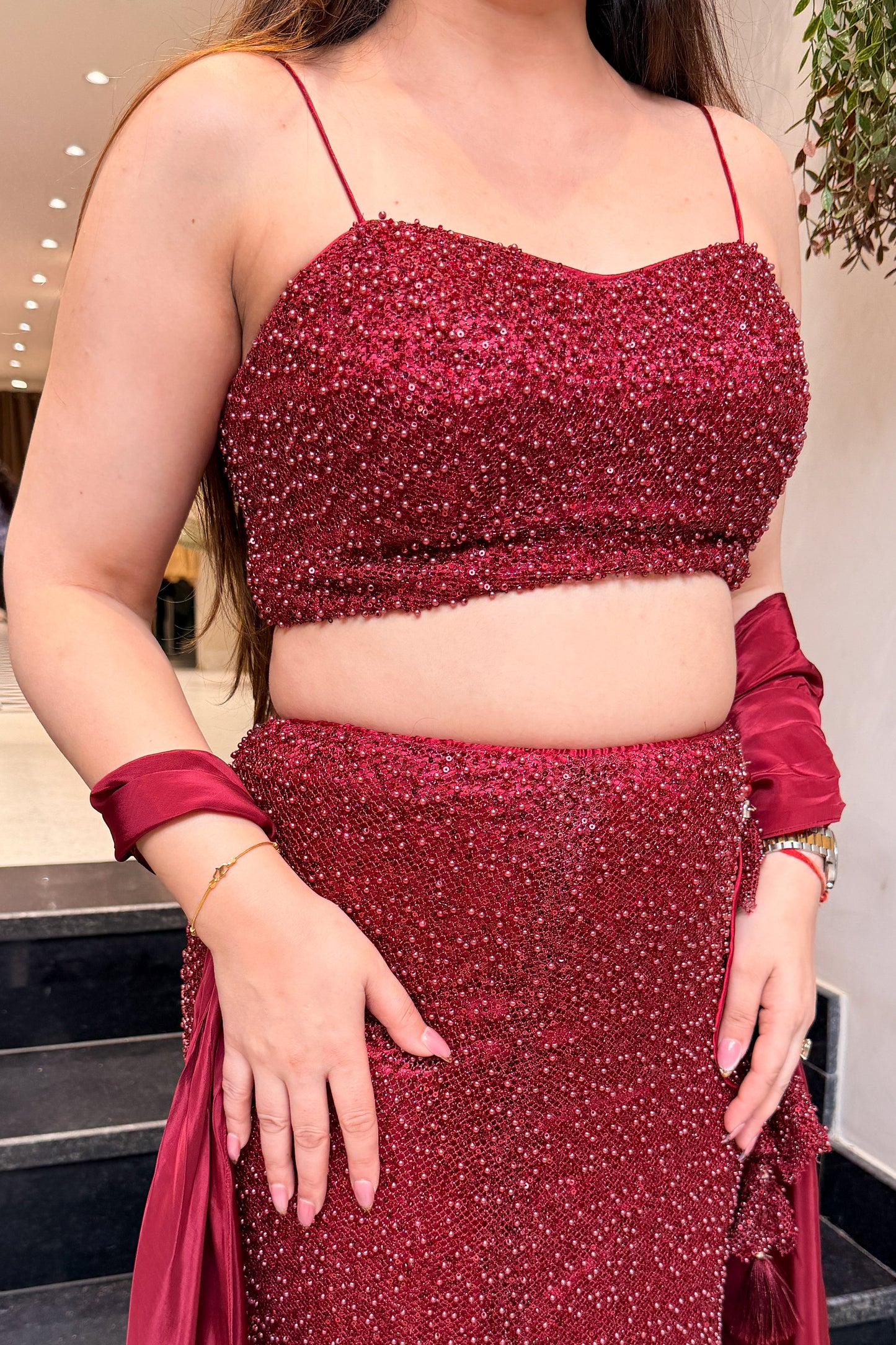 Frizah Maroon Fish Cut Lehenga