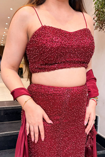 Frizah Maroon Fish Cut Lehenga