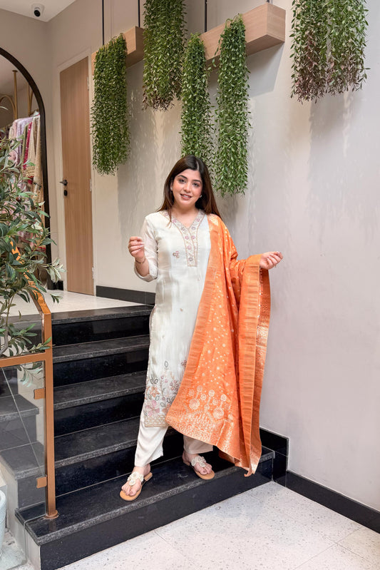 Amna Embroidered Suit with Banarasi Dupatta
