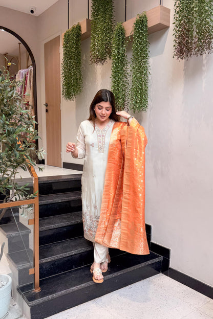 Amna Embroidered Suit with Banarasi Dupatta