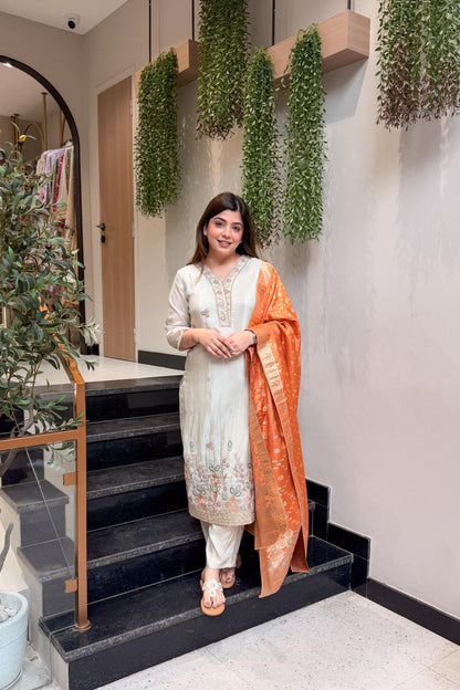 Amna Embroidered Suit with Banarasi Dupatta