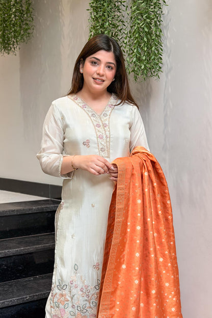 Amna Embroidered Suit with Banarasi Dupatta