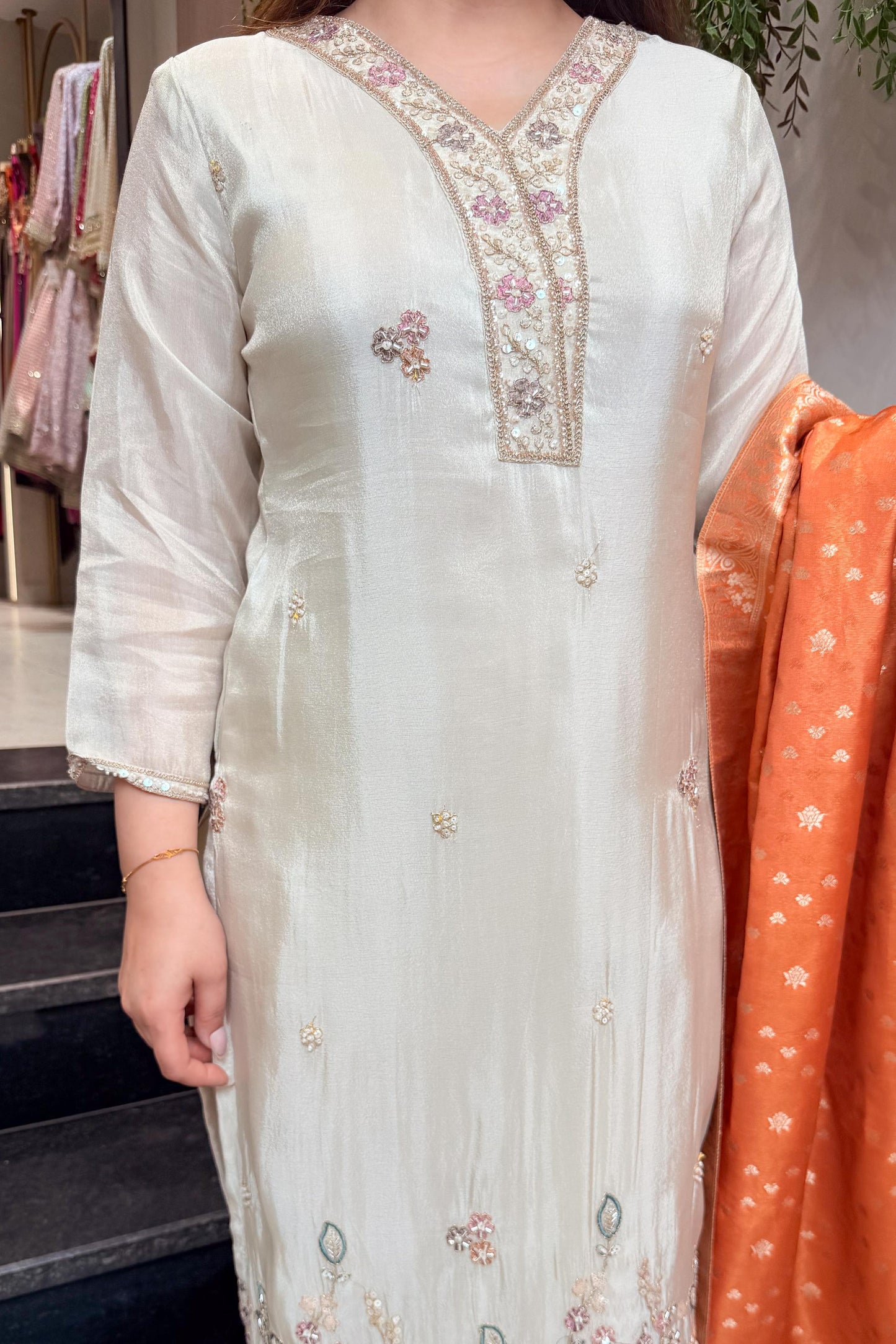 Amna Embroidered Suit with Banarasi Dupatta