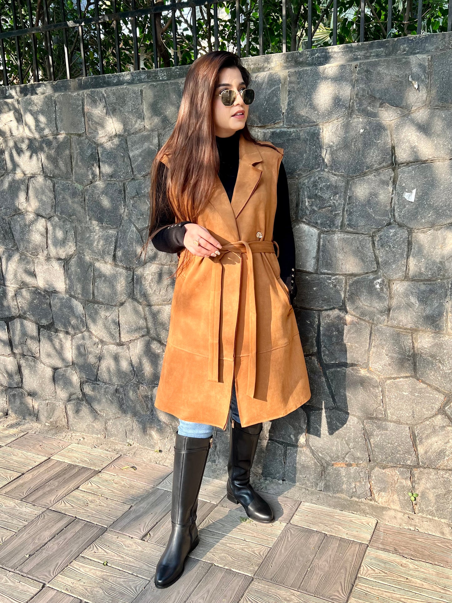 Detachable Sleeves Tan Suede Coat