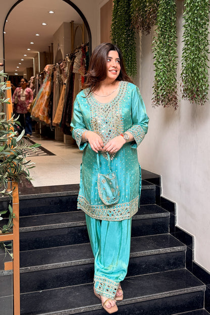 Kazaa Mirror Embroidered Co ord Set with Potli
