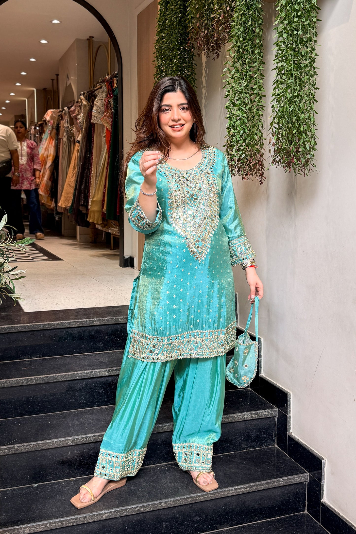 Kazaa Mirror Embroidered Co ord Set with Potli