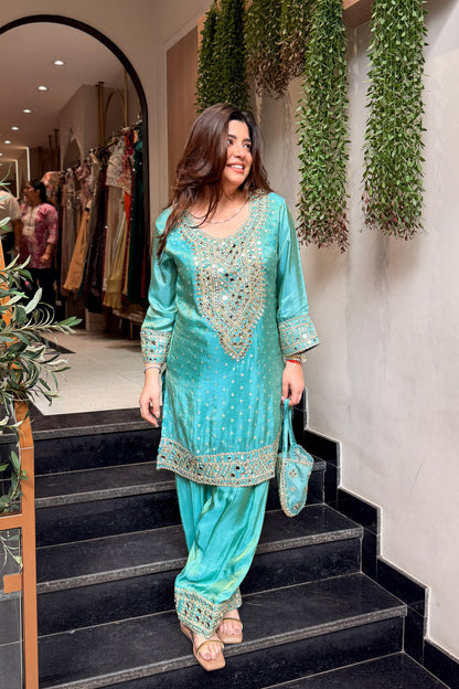 Kazaa Mirror Embroidered Co ord Set with Potli
