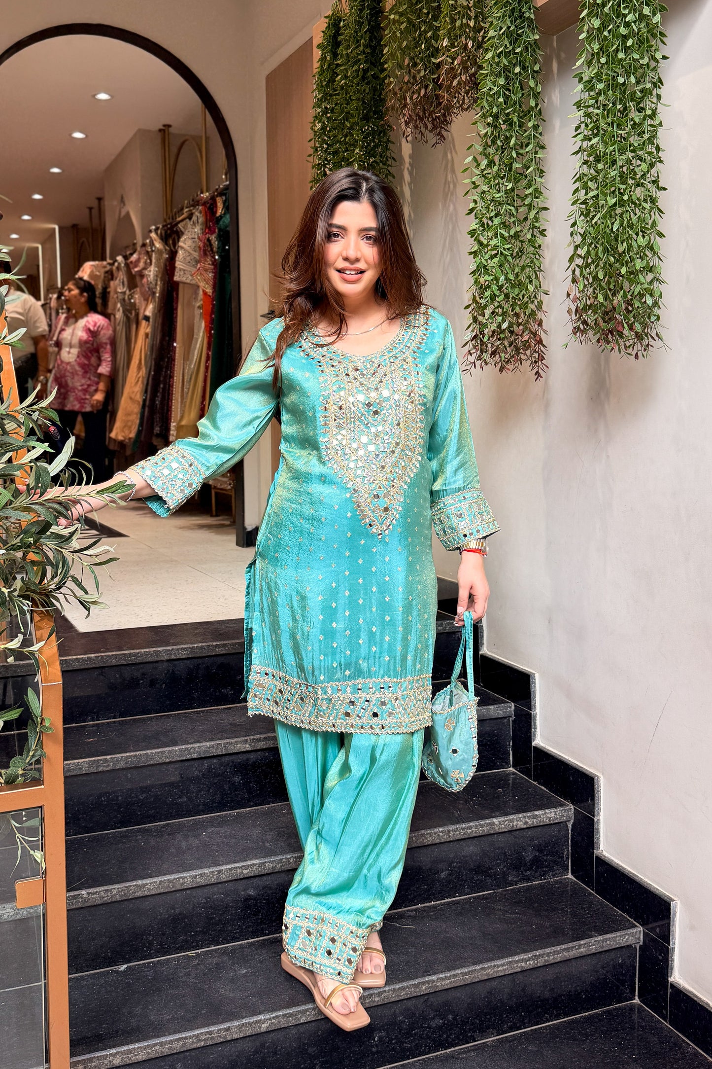 Kazaa Mirror Embroidered Co ord Set with Potli