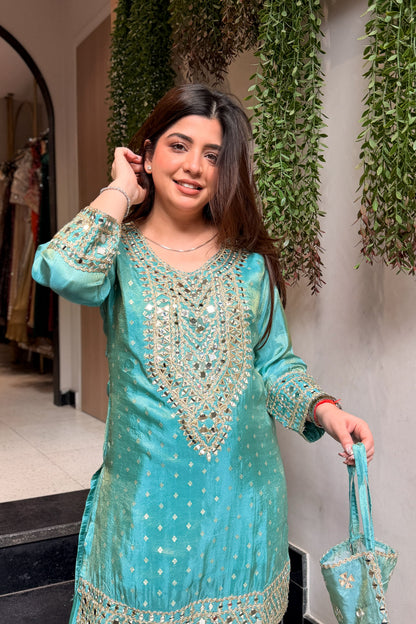 Kazaa Mirror Embroidered Co ord Set with Potli