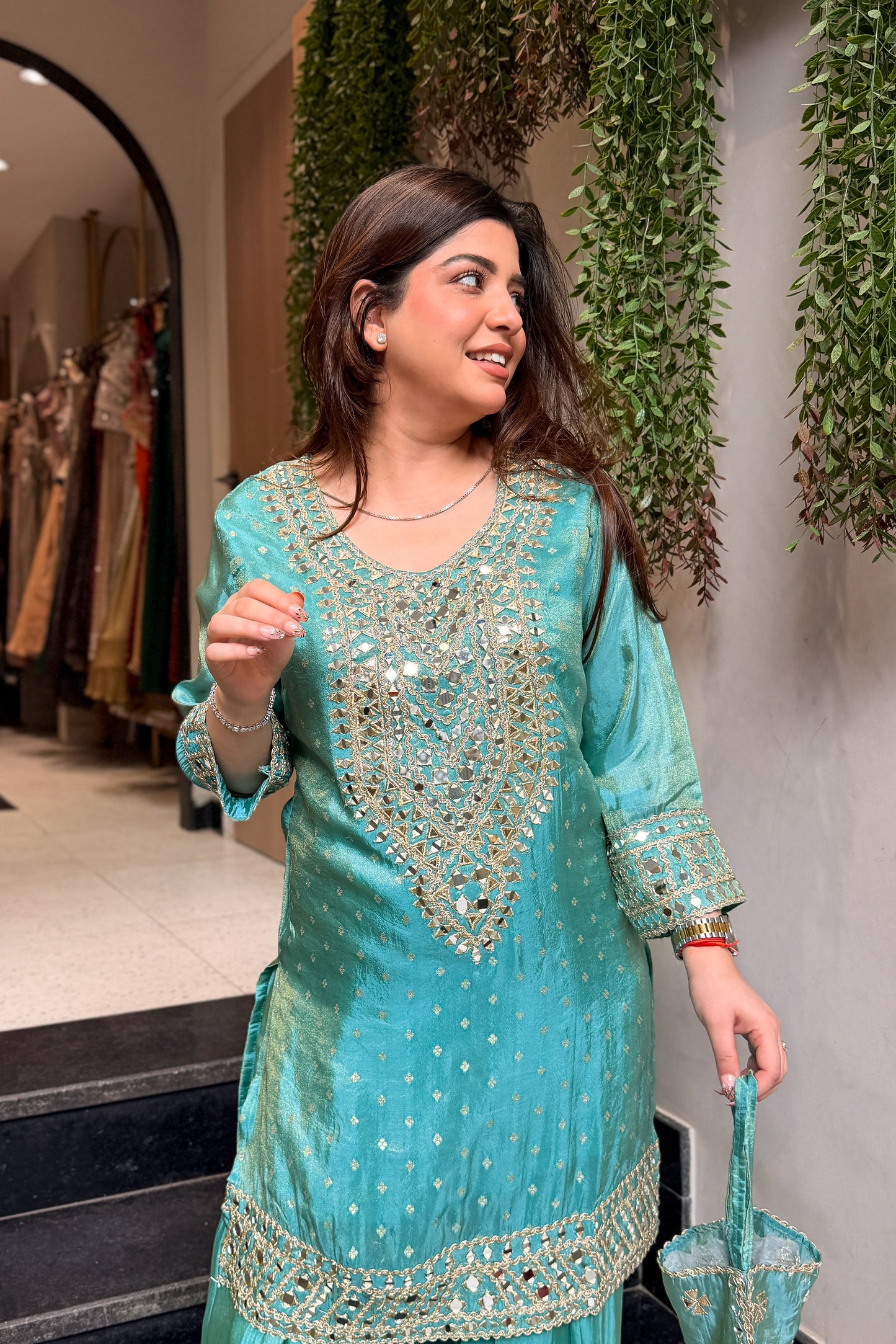 Kazaa Mirror Embroidered Co ord Set with Potli
