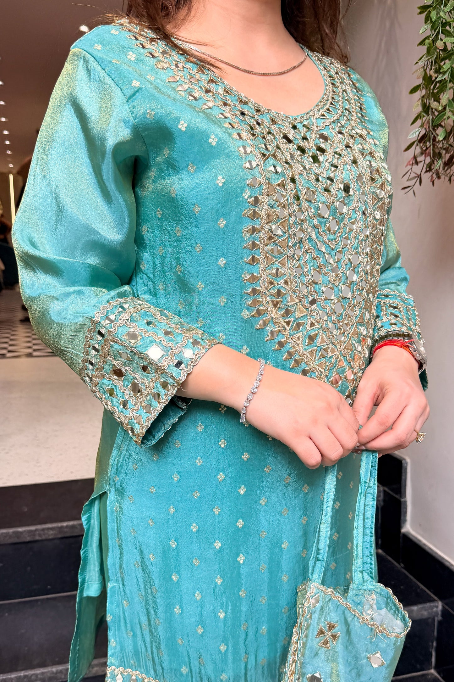 Kazaa Mirror Embroidered Co ord Set with Potli