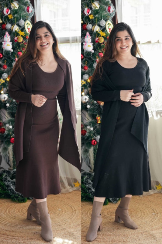 Aster Woollen Long Dress With Scarf