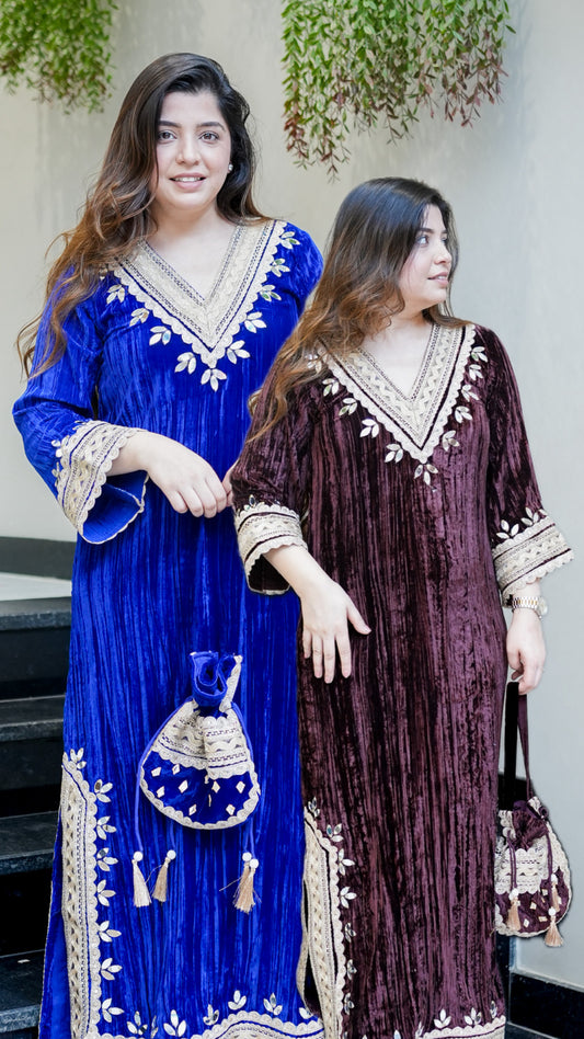 Navisha Embroidered Velvet Dress with Potli