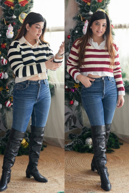 Stripe knitted Top With Shirt