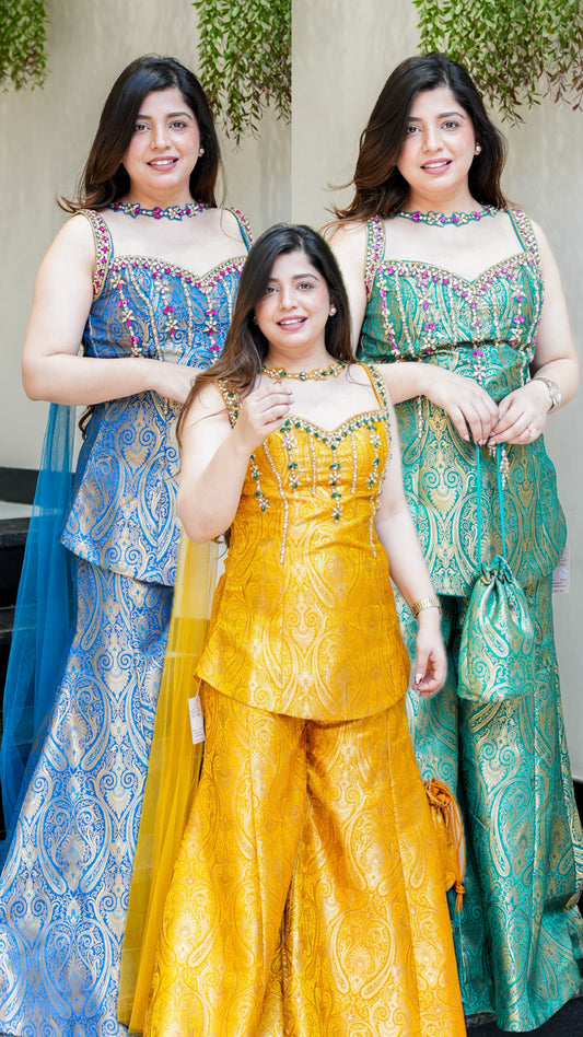 Dhruvi Embroidered Banarasi Sharara Set